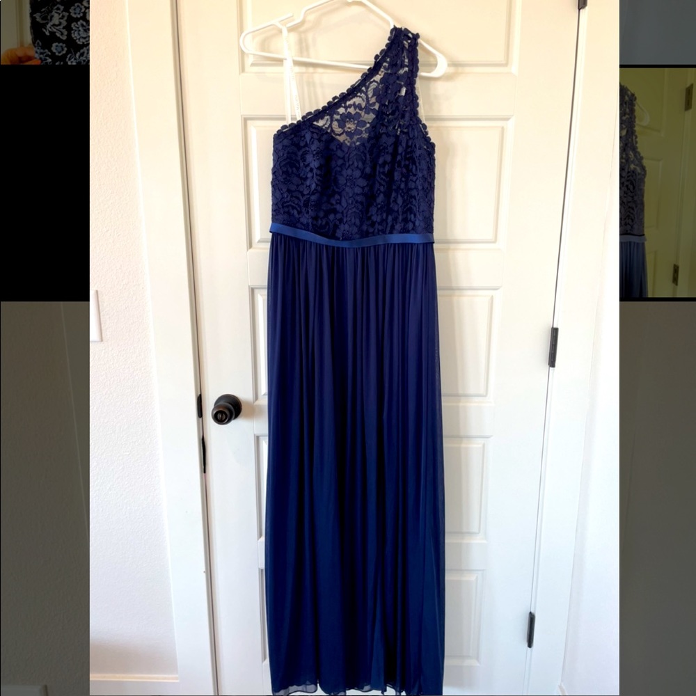 David’s Bridal Navy One Shoulder Bridesmaid Dress, size 8